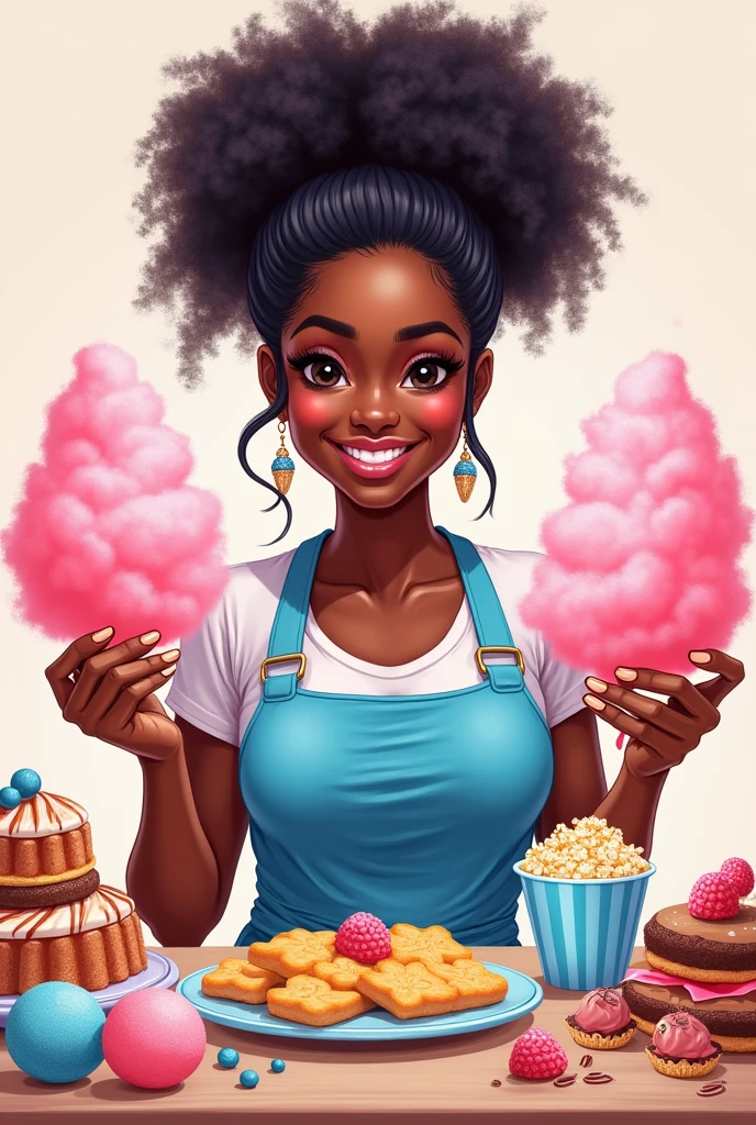 Drawing of a black woman with curly hair tied up in a blue apron holding a pink cotton candy in one hand and a bag of blue popcorn in the other hand with sweets and dreams 

