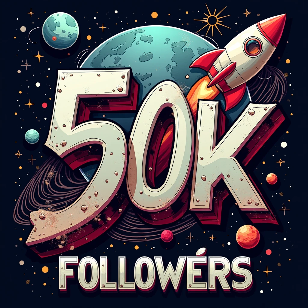 A design poster, (graffiti art, metallic letters, poster saying "50K"). (Another medium tittle "OBRIGADO", "THANK YOU", "GRACIAS"). It features a graffiti art with metallic letters, planet illustration background, rocket. The tittle is in bold, graffiti style typography with a catchy tagline, "Followers". ((small tittle "GUSTAVO YABAI"))