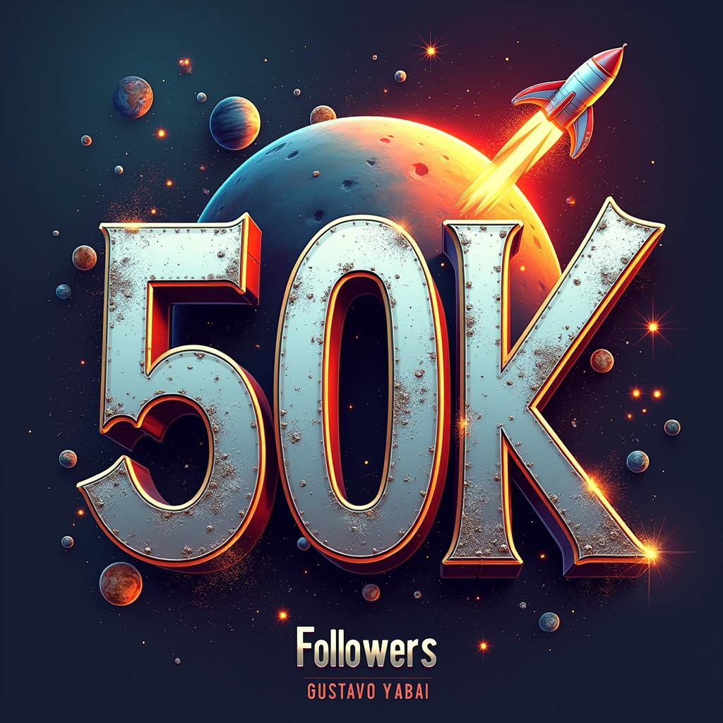 A design poster, (graffiti art, metallic letters, poster saying "50K"). (Another medium tittle "OBRIGADO", "THANK YOU", "GRACIAS"). It features a graffiti art with metallic letters, planet illustration background, rocket. The tittle is in bold, graffiti style typography with a catchy tagline, "Followers". ((small tittle "GUSTAVO YABAI"))