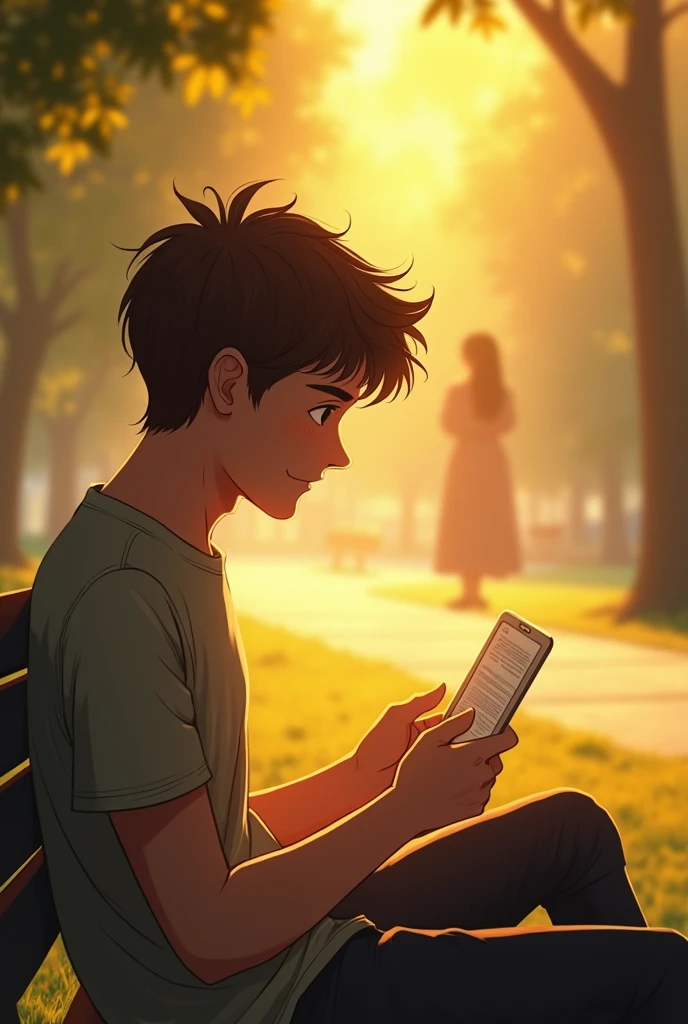 Prompt 2: The scene is a sunlit park, with golden rays streaming through the trees. A young man is sitting on a bench, his face illuminated by the sunlight. He has a nostalgic smile on his face as he looks down at his phone, reading old text messages from a woman. His expression is soft, his eyes twinkling with joy, as he remembers her words. In the background, a faint image of the woman appears as if she’s a part of his thoughts, smiling back at him.