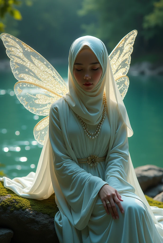 A fairy with a full hijab and she has beautiful  sparkling wings and she has magical aura around her and she is wearing pearls and she is sitting near of the river