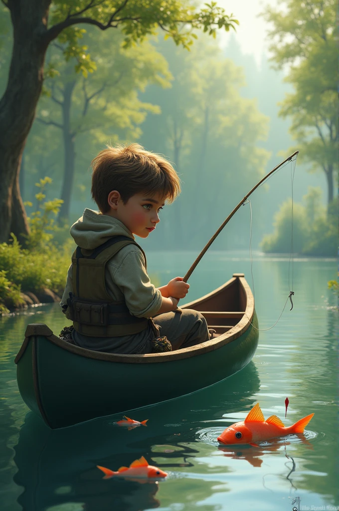 A young fisherman with a mischievous face holding a rod with a sharp hook and an innocent-looking worm in a canoe on the lake where the fish represent the people