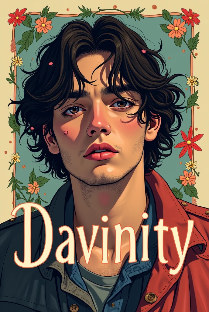90S MUSIC ALBUM LAYER, with name DAVINITY IN FRONT young man composer DARK BROWN WITH WAVY HAIR, OF MEDIUM LENGTH WITH THE APPEARANCE OF A 20 YEAR OLD BOY., WHO HAS A PAINFUL BEARD image of the face only, with very artistic and unique backgrounds