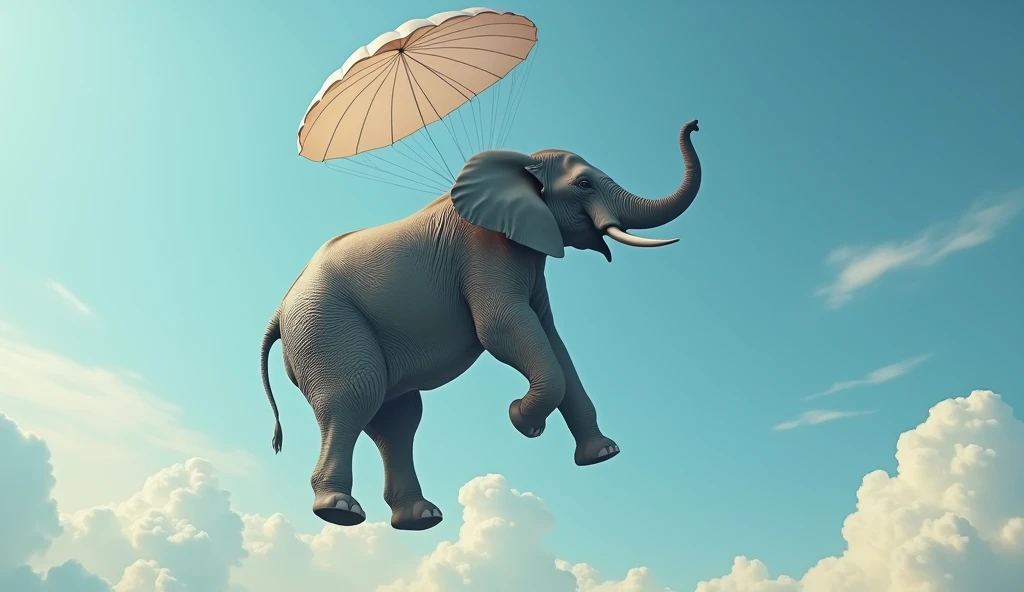 a majestic elephant skydiving gracefully, detailed realistic elephant, extreme high altitude, parachute deployed, serene blue sky, wispy clouds, sunlight glinting off elephant's skin, peaceful expression, elegant trunk outstretched, stunning realism, hyper detailed, cinematic lighting, vibrant colors, photorealistic, award winning digital art