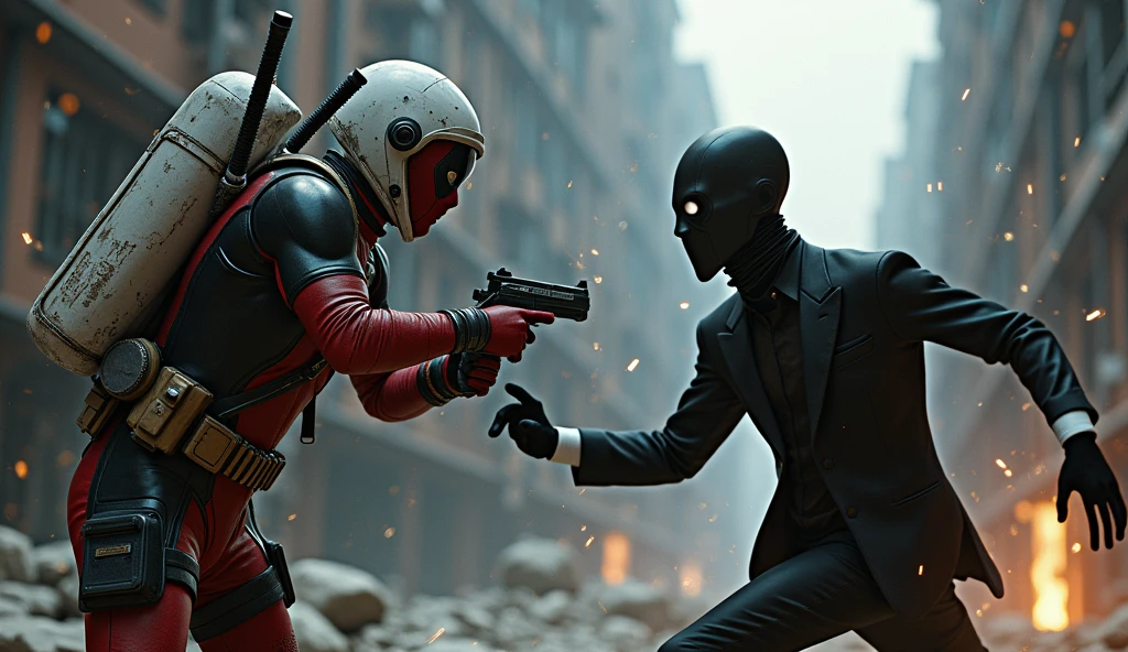 1 Astronaut guy, 1 Deadpool guy and 1 Slenderman with black suit fighting a black man together