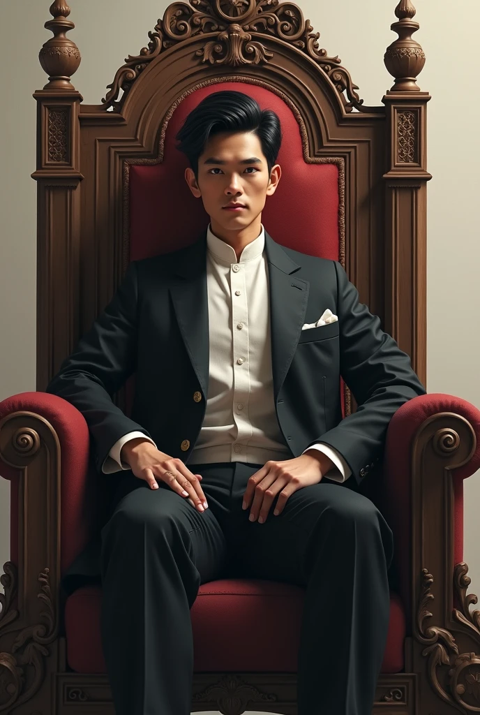 "an asian young man, wearing a stylish and sophisticated gentleman suit ,sitting on the throne''