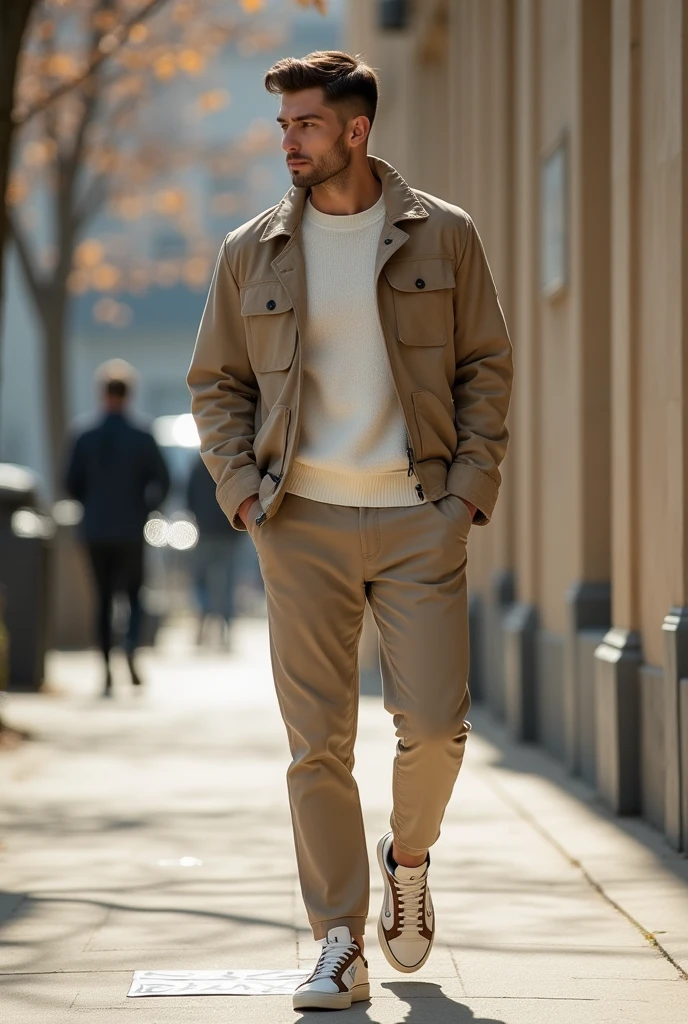 фото full length идущего по городу русского мужчины, Medium height, 35 years, walks along the sidewalk along the wall of the building, black hair, Sports figure, broad shoulders, short hair, a neat stylish hairstyle, wide cheekbones, smart casual look, white jumper, beige chinos, beige windbreaker jacket with chest pockets, white and brown low top sneakers, warm autumn, Early autumn, Sunny weather, walking through the city, looks ahead, Stylish look, Men's fashion, Men's style, thoughtful look, full length, free pose, dynamic pose, solar lighting, against the backdrop of ancient Moscow buildings, daylight, black hair, blunt bangs, Serious, expressionless, atmospheric perspective, bokeh, f/1.8, 85mm, Nikon, depth of field, uhd, masterpiece, accurate, anatomically correct, textured skin, super detail, high details, high quality, highres, 4K