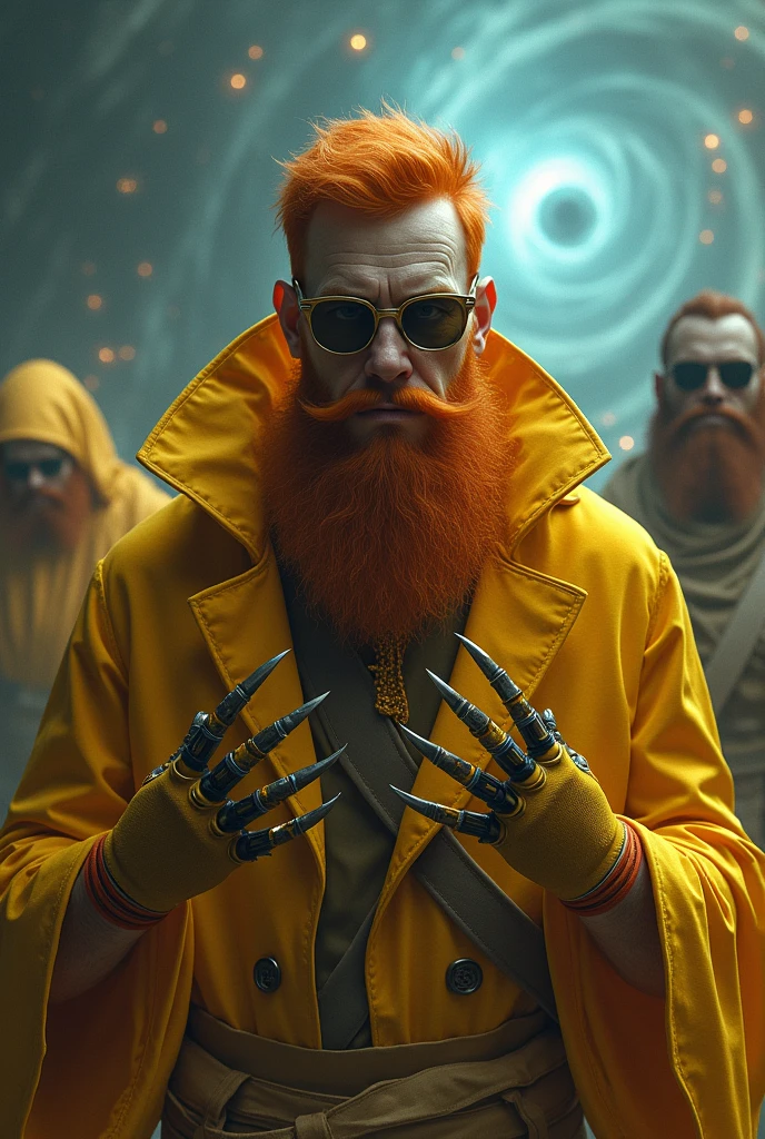 Men imortal claws space wolds yellow clothes with short beard dark glasses red short hair starship