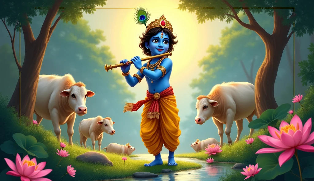 Design a captivating thumbnail for a "Krishna Story" video. The image should feature a young Lord Krishna with his iconic blue skin, wearing a yellow dhoti and a crown adorned with peacock feathers. He should be shown playing his flute, with a serene expression, standing in the lush, green landscape of Vrindavan. Surround him with elements like cows, lotus flowers, and a flowing river to enhance the peaceful and divine atmosphere. The background should have a soft, golden glow to symbolize his divinity. The title "Krishna Story" should be prominently displayed in elegant, golden text at the top or bottom, with a decorative border that complements the theme. The overall color scheme should be vibrant and warm, using rich blues, greens, and golds to evoke a sense of spirituality and serenity.