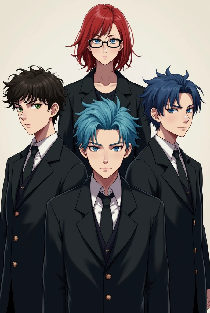 Make a group of three boys and one girl, the first one with curly hair and green eyes, the second white man with blue hair and blue eyes with a mark on his face, the tall red haired woman wears glasses, all of them with black coats
