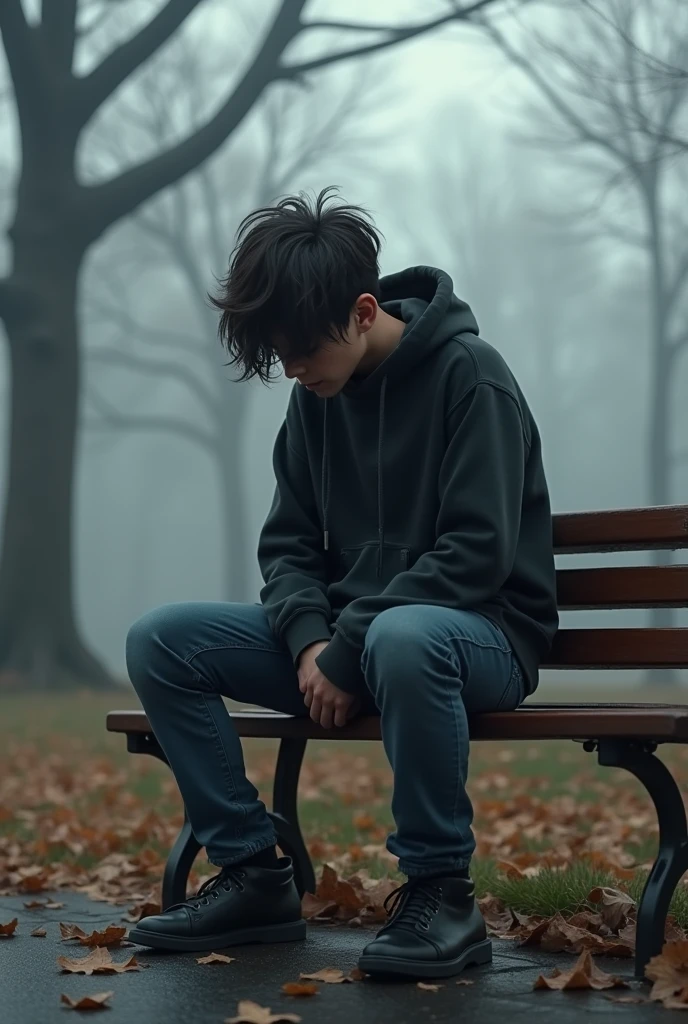 "A age boy sitting alone on a park bench during a cloudy, overcast day. He has a somber expression, with his head slightly bowed and his hands in his pockets. His hair is messy, and he is wearing a dark hoodie and jeans. The background is filled with bare trees and fallen leaves, emphasizing the melancholic atmosphere. The overall tone of the image is muted and grey, capturing a sense of sadness and solitude."