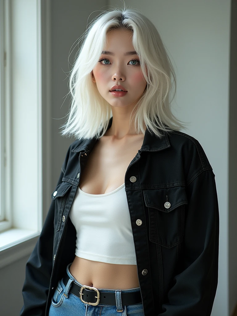 : "Generate a visual representation of a stunning 20-year-old Japanese woman exuding elegance and style. Envision her dressed in a white top paired with a black denim jacket and jeans, accentuating her fashionable sense. Visualize her with white hair, striking blue eyes, and an alluring gaze. Enhance her makeup with meticulous detailing, including beautifully painted lips, long and glamorous eyelashes, and a captivating allure. Emphasize her height and showcase her with an ideal, well-proportioned physique. Aim for a high-resolution output that captures the sophistication and beauty of this enchanting character."  Visualization: [Image portraying a breathtaking 20-year-old Japanese woman in a stylish ensemble – white top, black denim jacket, and jeans – with striking white hair, captivating blue eyes, and an alluring gaze. Meticulously detailed makeup highlights features like painted lips, long eyelashes, and an overall captivating allure. Presented in high resolution, the visualization emphasizes her height and ideal physique, showcasing the sophistication and beauty of this enchanting character.]