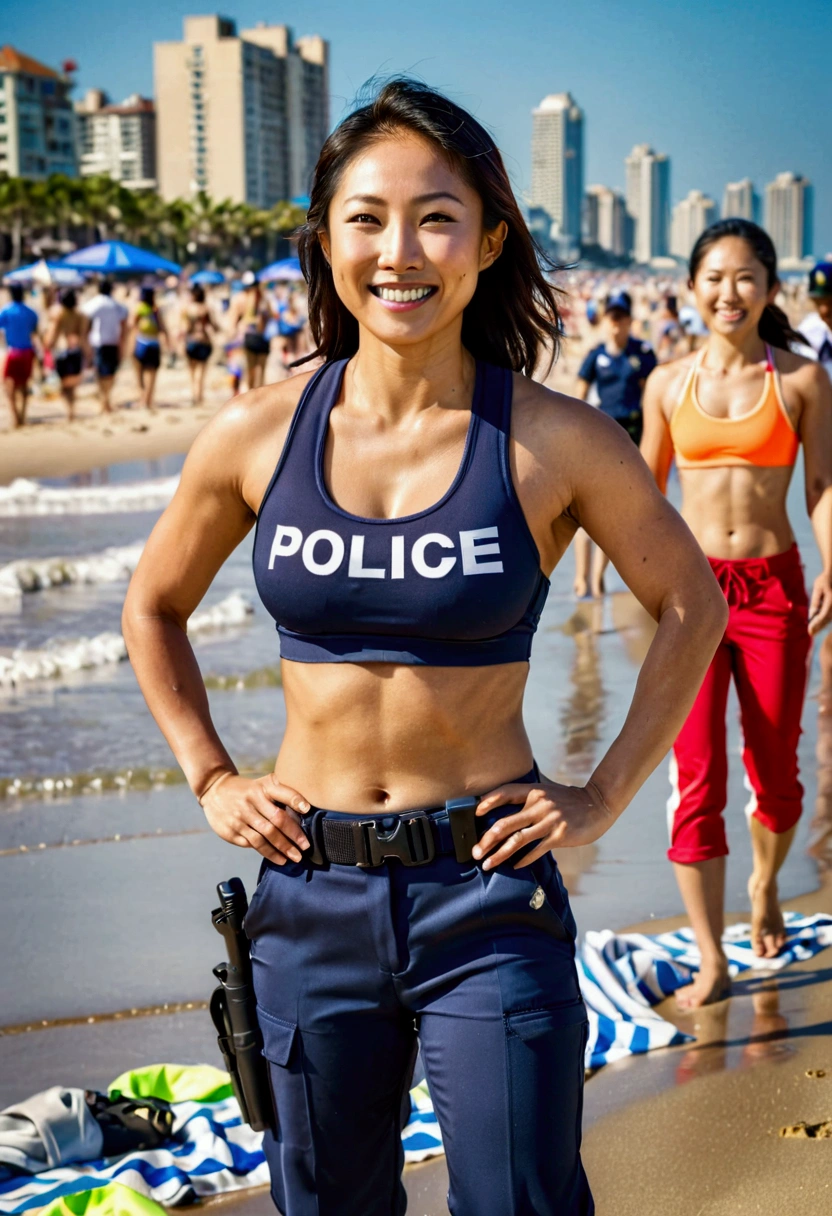 Athletic beautiful 30 year old asian female police officer wearing sports bra and police pants on crowded city beach. Smiling. Toned arms