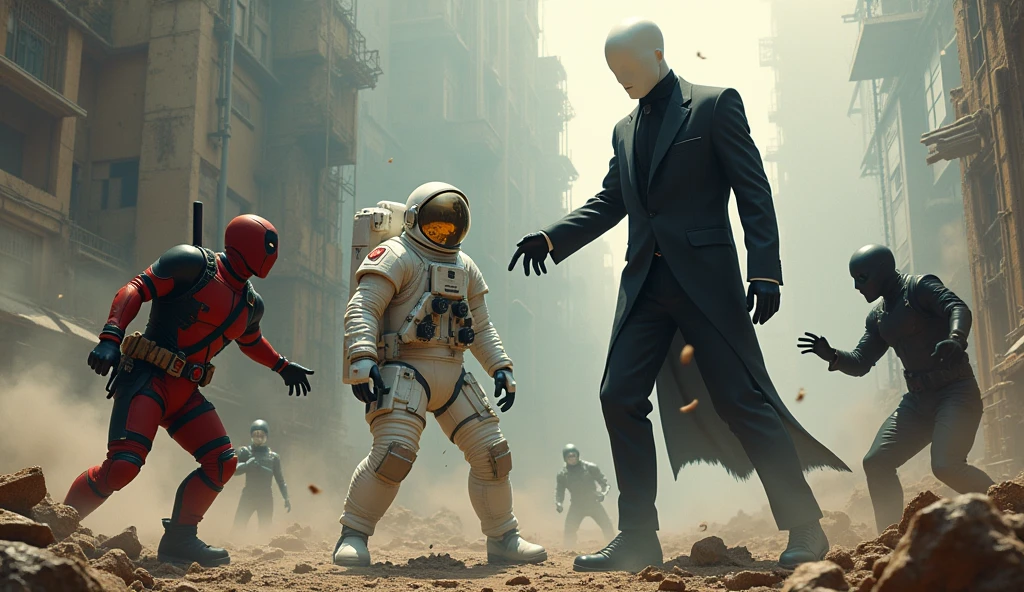 1 Astronaut guy, 1 Deadpool guy and 1 Slenderman with black suit fighting 1 black man together
