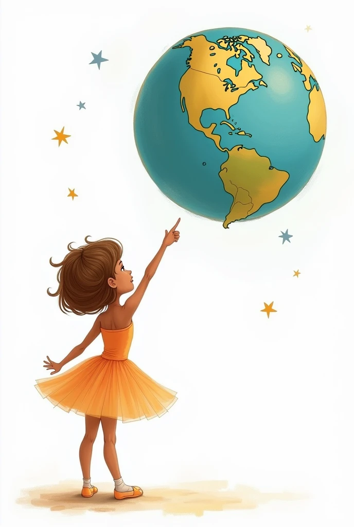 a ballerina pointing to Europe on planet Earth bigger than her big and beautiful and she stands below with her back turned, the most beautiful planet the planet a on a white background, the ballerina has short brown hair that tends towards blonde and has slightly darker skin, I want it to look like a drawing, a cute and cute &#39;s drawing