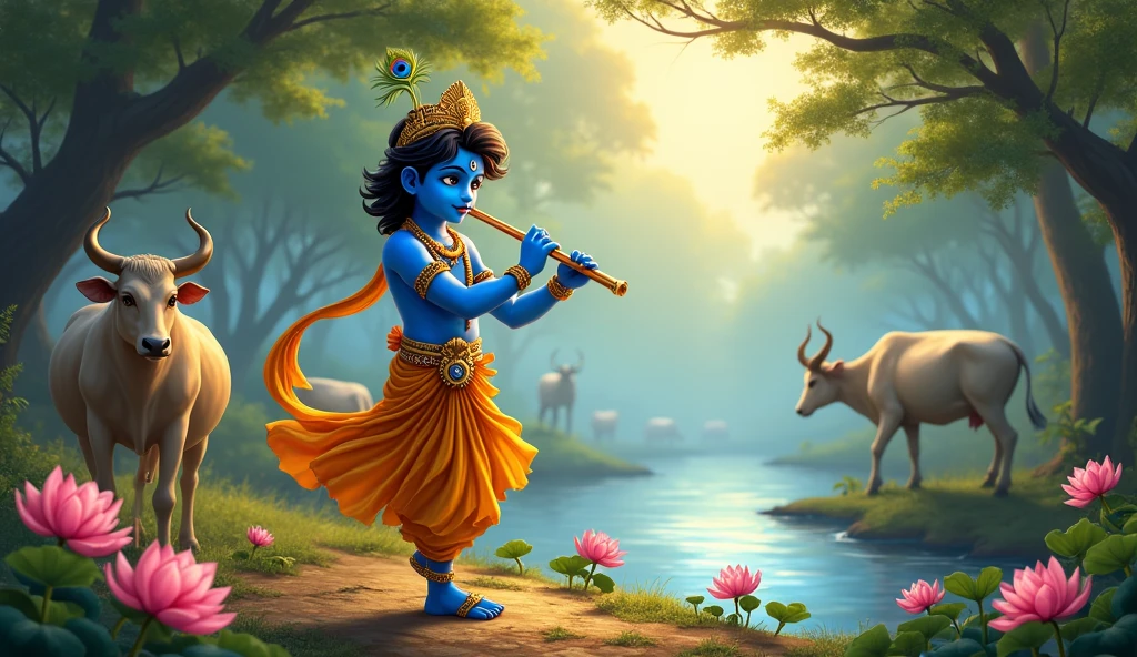 Design a captivating thumbnail for a "Krishna Story" video. The image should feature a young Lord Krishna with his iconic blue skin, wearing a yellow dhoti and a crown adorned with peacock feathers. He should be shown playing his flute, with a serene expression, standing in the lush, green landscape of Vrindavan. Surround him with elements like cows, lotus flowers, and a flowing river to enhance the peaceful and divine atmosphere. The background should have a soft, golden glow to symbolize his divinity. The title "Krishna Story" should be prominently displayed in elegant, golden text at the top or bottom, with a decorative border that complements the theme. The overall color scheme should be vibrant and warm, using rich blues, greens, and golds to evoke a sense of spirituality and serenity.