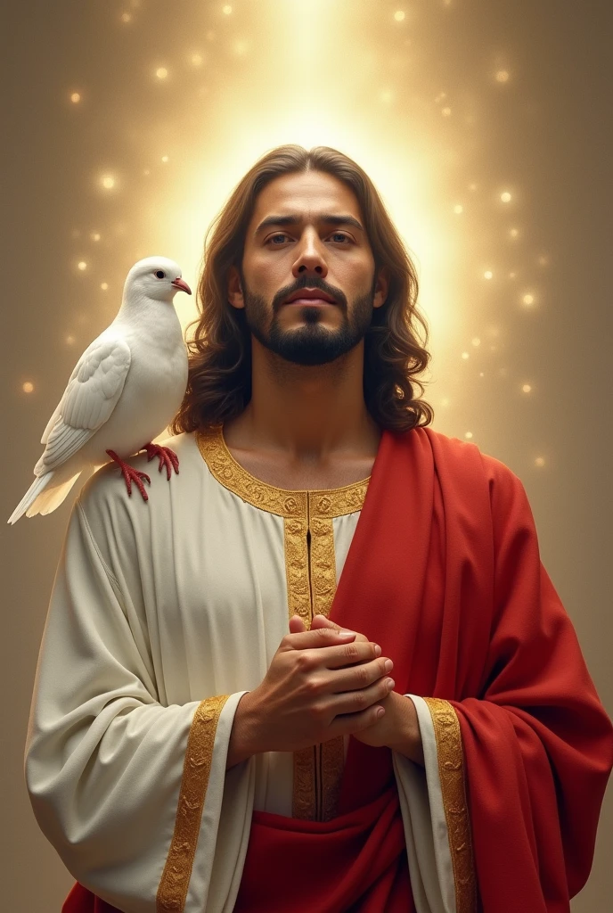To the artist and singer José José in a white and red tunic, like Jesus Christ, I want him to have a white dove on his shoulder, and that José José has a divine aura 