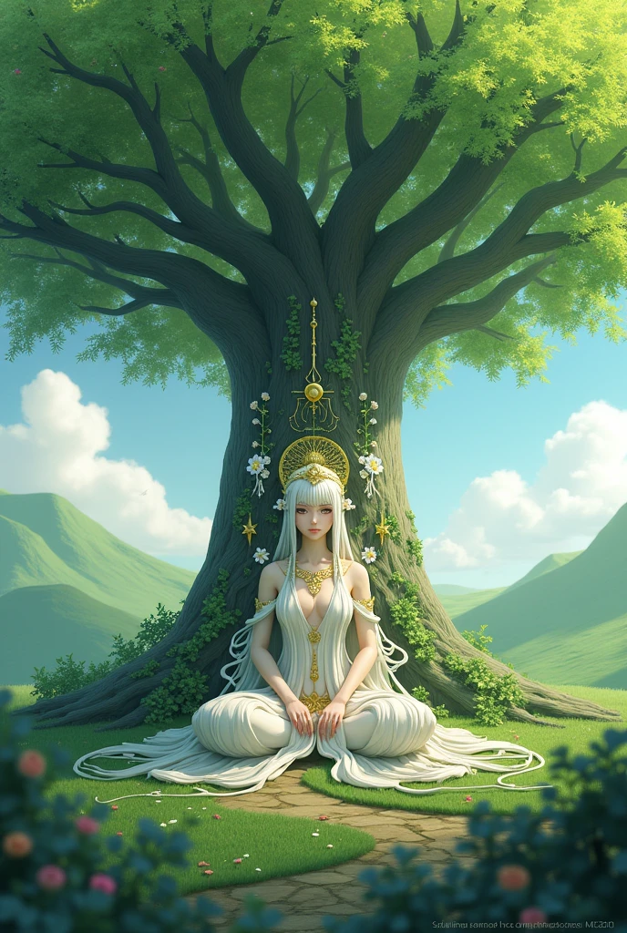 Rukkhadevata(Genshin impact) that sit at a big green tree and face straight