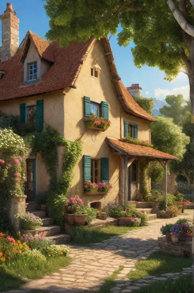 an idyllically tranquil rural scene, the vibrant colors of a sunny day, hyper realistic, volumetric light, an impressive masterpiece, fine details, (masterpiece:1.2), best quality
