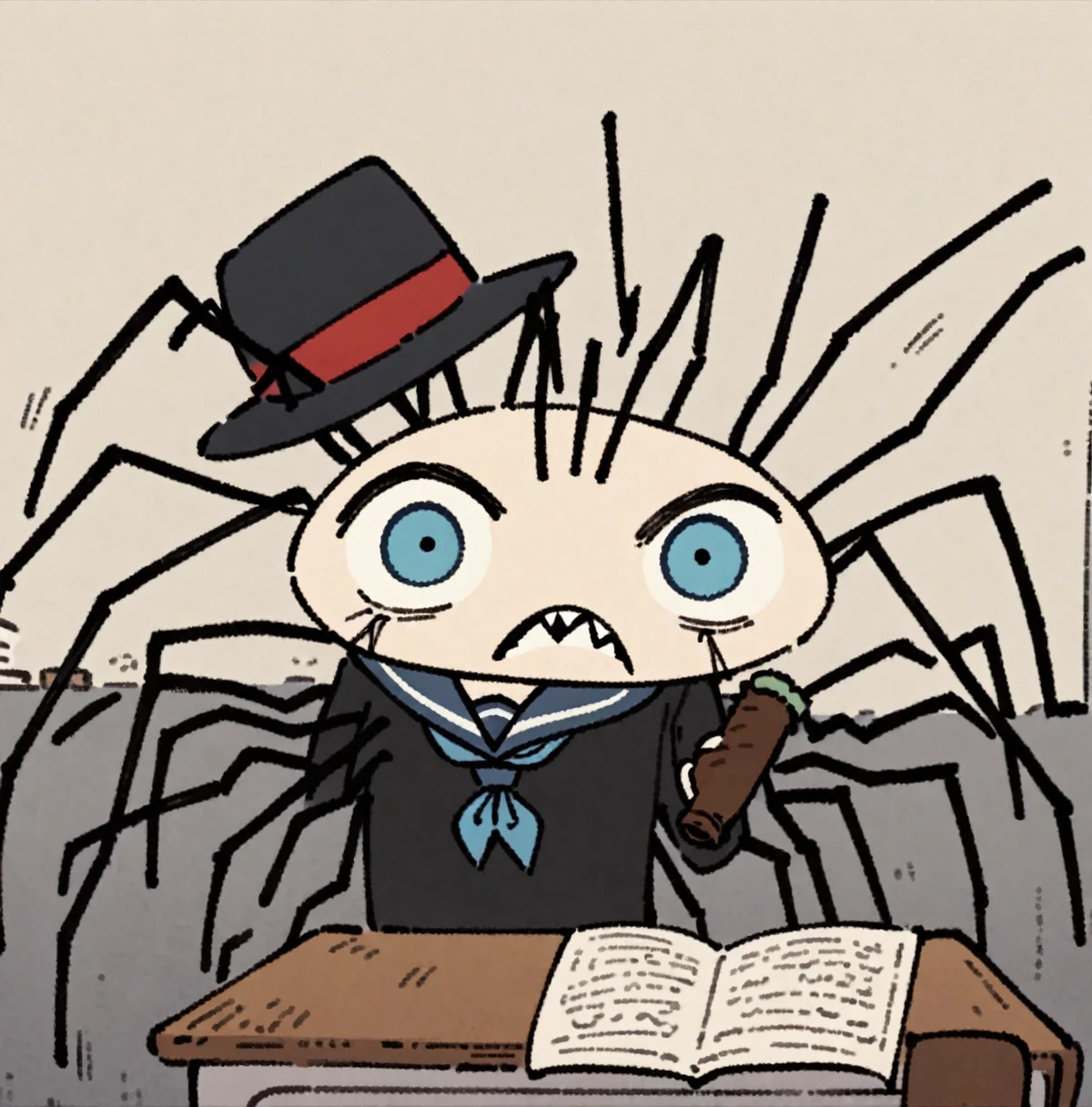 Bunny Harvestman Spider, blue, black, blue and black outfit, eye theme, blue eyes, sharp teeth, Caubeen Hat, neckerchief, brown footwear, blue sailor collar, Evil Rage, looking at viewer, holding cigar, Desk in Classroom, Style of Doko Demo Issyo and MFKZ