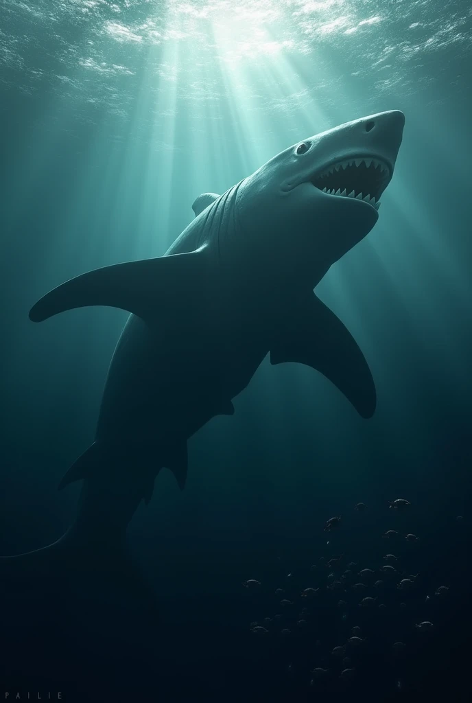 Megalodon silhouette disappears into the depths of the ocean
