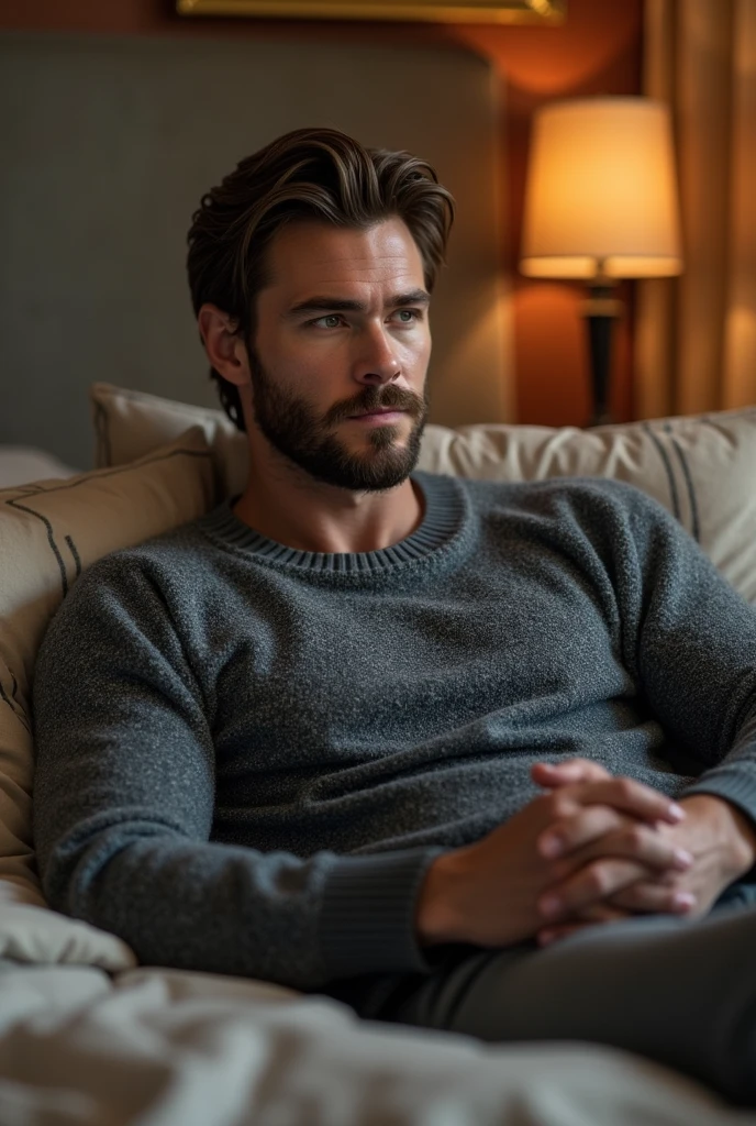 Ultra-realistic, cinematic, man, 29 years old, blond hair hair, side parted hairstyle , clean shaven, hourglass body type, wears oatmeal cardigan, pastel pink shirt, dark brown corduroy trousers , sits on chair in countryside house, winter, snowy, night