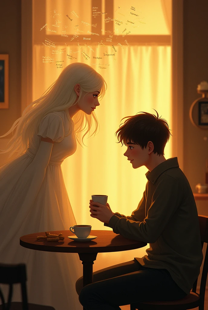 Prompt 3: Inside a golden-hued café, a young man sits at a small round table, staring into his coffee cup with a smile. His eyes are distant, clearly deep in thought. Above the cup, a small, translucent image of a woman appears as if she’s speaking to him. The words seem to float around, written in the air in a soft, golden script. The man’s expression is one of contentment and warmth as he relives the sweet memories of their conversation.