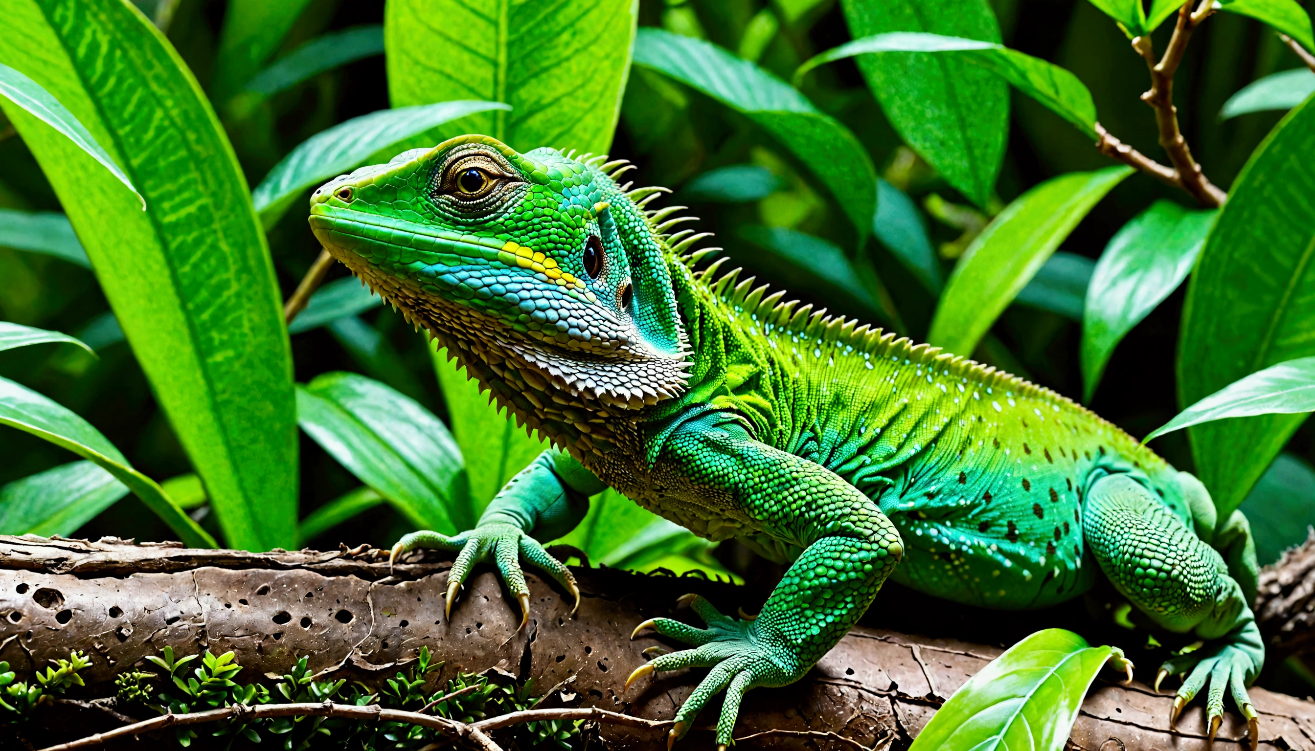 Create a captivating, hyper-realistic AI-generated artwork of a green lizard in its natural habitat where everything is also green. The lizard should be the focal point, with special emphasis on its eyes, capturing their intricate details and vibrant color. Depict the lizard in a lush, green environment, such as dense foliage or on a moss-covered branch, blending harmoniously with its surroundings. The entire scene should be rich with various shades of green, highlighting the lizard’s camouflage abilities. Use soft, diffuse lighting to accentuate the textures of the lizard’s scales and the surrounding greenery, creating a cohesive, serene atmosphere. The style should be hyper-realistic yet artistic, focusing on the striking details of the lizard’s eyes and the natural beauty of its all-green habitat. The final artwork should be high-resolution and visually impactful, capturing the essence of the lizard in its perfectly blended environment.