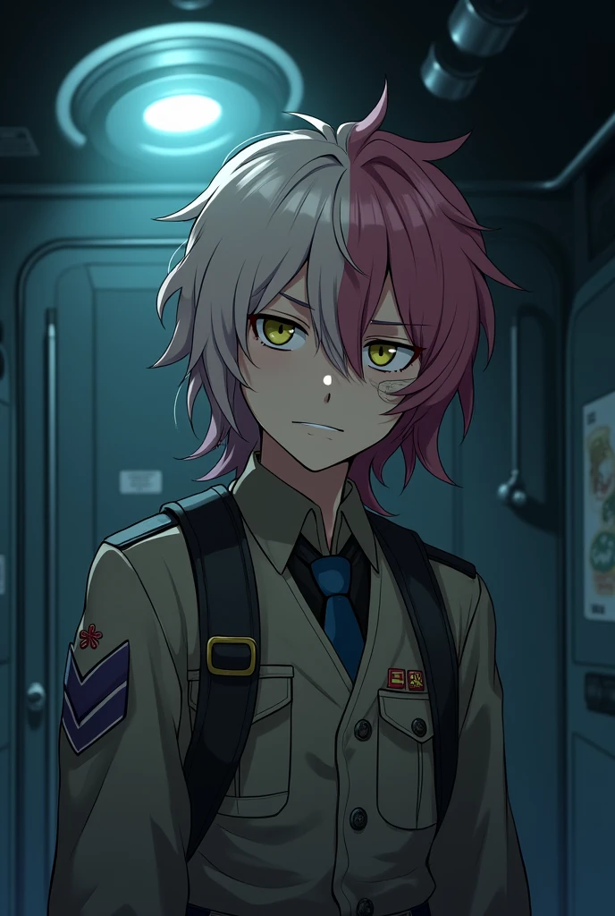 Barotrauma. Style: 2D anime image with high quality. Character: young guy, fair skin, left side of hair light, right side of hair dark pink. Hair wavy and quite long, yellow eyes and wide eyebrows, a bandage on his cheek. Emotion: irritation. Clothing: uniform of a submarine officer from the Barotrauma game universe. Background: Inside a submarine. Details: sloppy appearance, dirty clothes. Angle: far from the character, characters looking over the shoulder. Lighting: only one dim lamp, dim lighting.