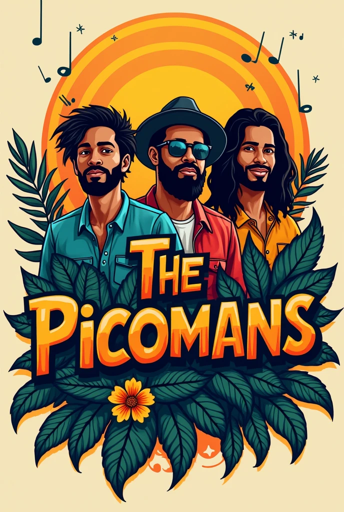 Logo for cumbia band, reggae, rock roots. Band name, THE PICOMANS 