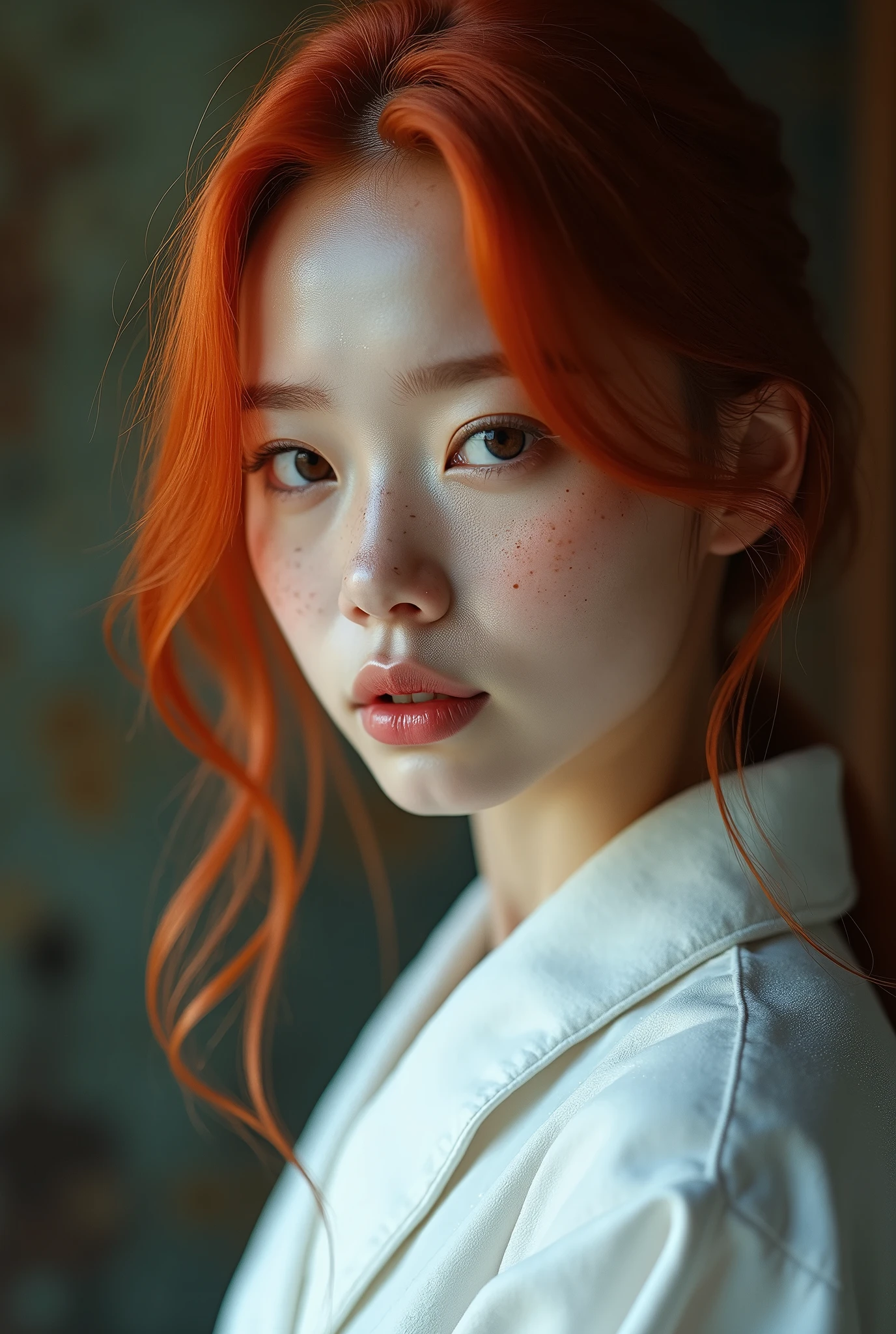 (uma fotogroffia premiada:1.3) off (Ultra photo realsisim:1.3),(vred:1.3) (close up:0.7), A Korean woman, albino with freckles in a white robe, realskin, 5d canon, 85mm, profundidaoff off campo, 8k, ultra-nitioffz, RTX, octane, irreal, Dramatic light, Global illumination (author：WLOP Artist:1.3),altamente offtalhado,(Arte Darkwave:1.3),(Arte Hardcore:1.3),(Agfacolor:1.3),(Close portrait:1.3),(Female One:1.4),(very beautiful:1.4),(appealing:1.3),handsome,Calendar pose,olhos offtalhados perfeitos,studio lighting,themed background, naked, new, feições mistas off Emmy Rossum e Brooke Shields, red hair.