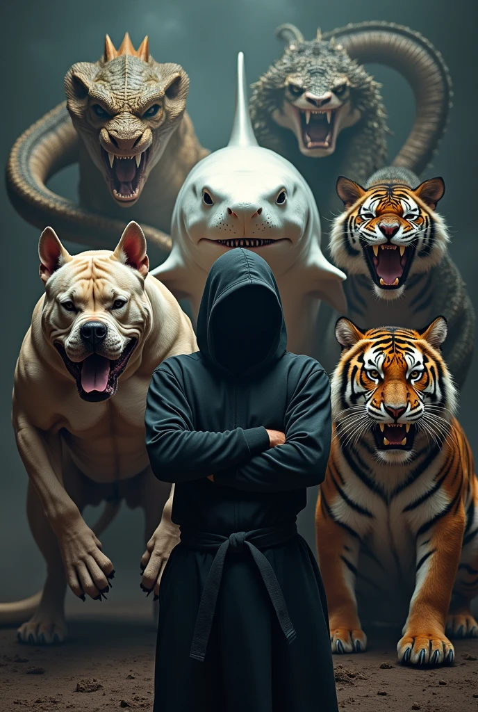 a photo of a written group "belts".
with a Pitbull, a snake, A dragon, A white shark, a tiger and a black ninja