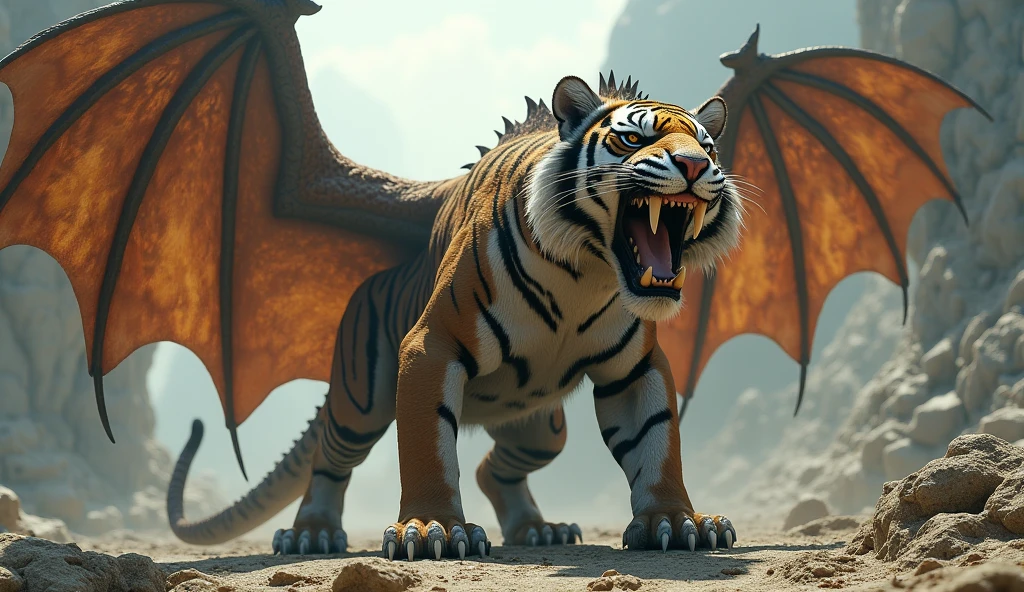 saber tooth tiger,gigantic, long teeth,with very large dragon wings, dragon scales on skin,realistic,photo