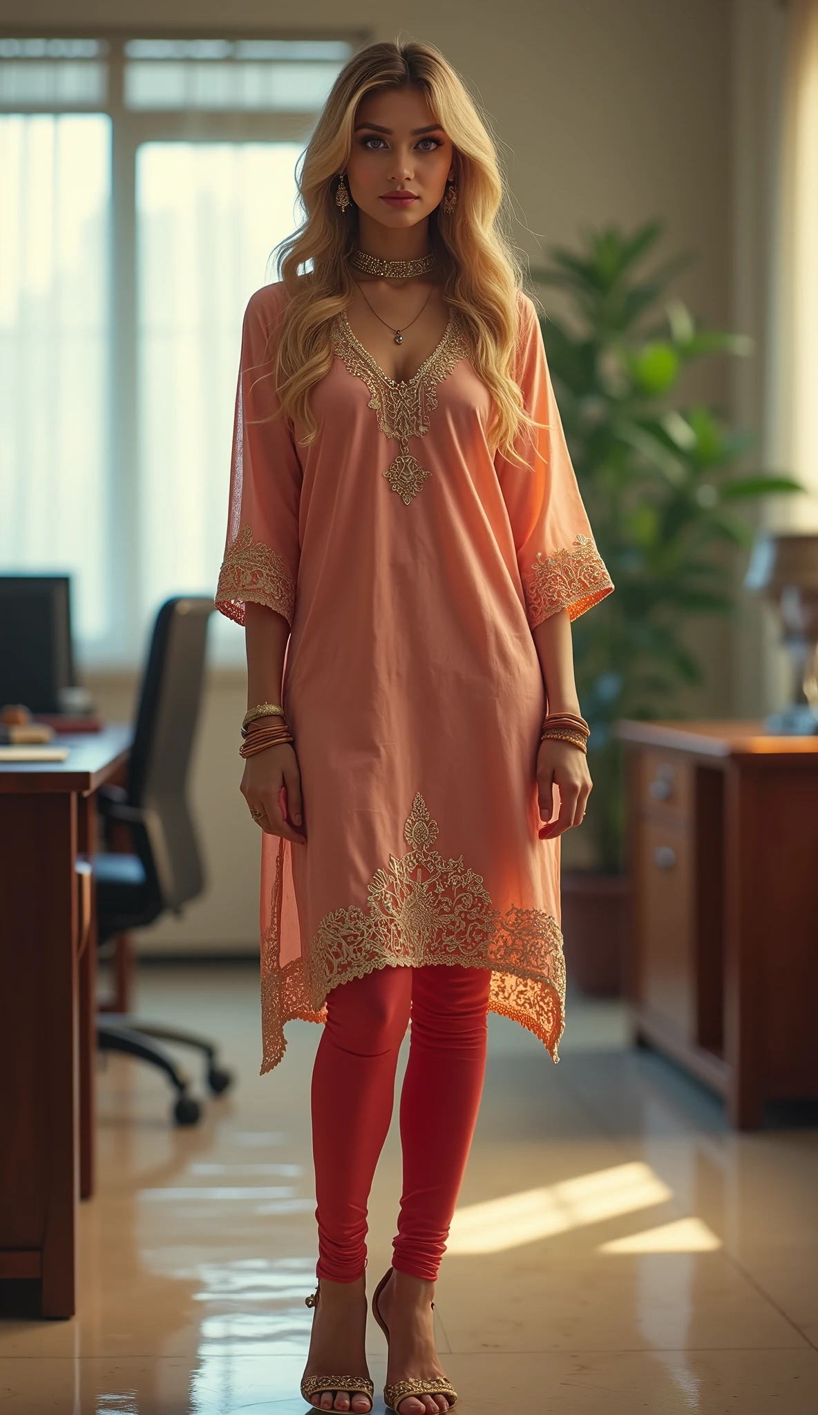 ((photo of 20 year old beautiful girl, beautiful and charming girl)), ,
(Girl in office, realistic and beautiful office room),
((((Full body shot:1.5)))), (full body in picture:1.5), (full body photo Close-up photo of the shine), (Indian babe), (attention standing posture, separate legs), (looking at viewers, front view shot, from_fronts),
best quality, movie studio lighting, illustration at Very detailed, ultra high resolution, depth of field, caustic, natural shading, masterpiece, hyper realistic, hyper detailed, photorealists, 8K, HDR, High resolution, (1girl), (Blurry background), (Bokeh), RAW photo, complicated details, extremely detailed, candid picture, candid shots, extreme detailed, highest detailed, (iconic picture shot, perfect brightness, perfect contrast),
(hair is one eye, purple eyes, Golden blonde hair, side bangs, sharp eyeliner, blush eyeshadow with thick eyelashes, lip gloss very delicate and beautiful, round chin, round earrings, sharp eyes, letter choker, symmetrical eyes), ,
(pretty face, iconic face, Young beauty spirit, Best face ever in the world), (detailed face, detailed eye, detailed lips, ultra realistic face, ultra realistic eye, ultra realistic lips), (attractive hair style, detailed hair style), (Perfect breasts, perfect symmetrical breasts, attractive breasts, perfect rounded breasts), (attractive body figure, perfect body figure, perfect curvy_figure, straight body figure, wide body posture, skin_tight),
(beautiful High heels),
(beautiful girl in Indian outfits), ,
((embroidery fancy kurta), (embroidery kurta), embroidery luxury kurta, (fancy leggings, attractive leggings), attractive lace, skinny sleeves, lace up),