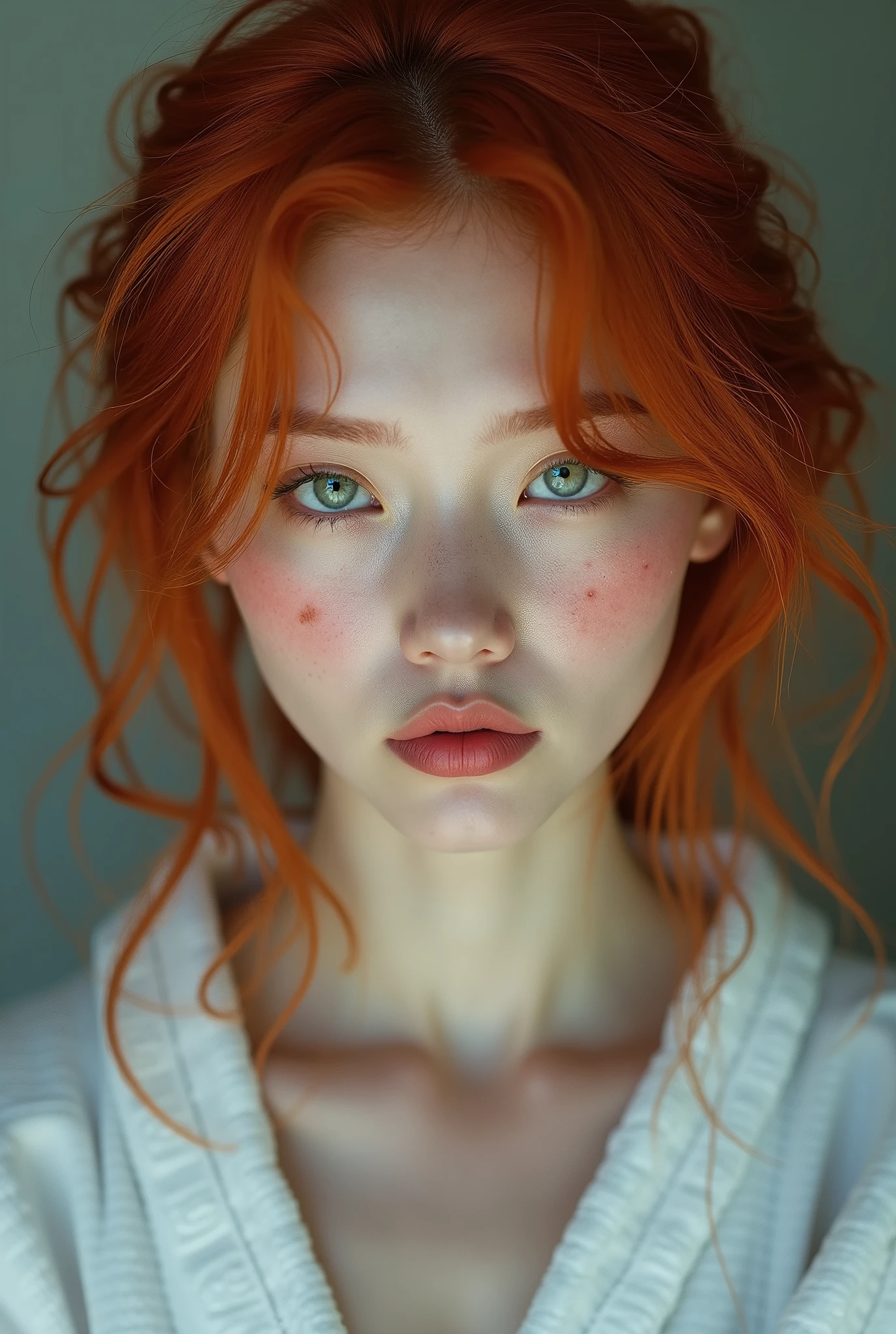 (uma fotogroffia premiada:1.3) off (Ultra photo realsisim:1.3),(vred:1.3) (close up:0.7), A Korean woman, albino with freckles in a white robe, realskin, 5d canon, 85mm, profundidaoff off campo, 8k, ultra-nitioffz, RTX, octane, irreal, Dramatic light, Global illumination (author：WLOP Artist:1.3),altamente offtalhado,(Arte Darkwave:1.3),(Arte Hardcore:1.3),(Agfacolor:1.3),(Close portrait:1.3),(Female One:1.4),(very beautiful:1.4),(appealing:1.3),handsome,Calendar pose,olhos offtalhados perfeitos,studio lighting,themed background, naked, new, feições mistas off Emmy Rossum e Brooke Shields, red hair.