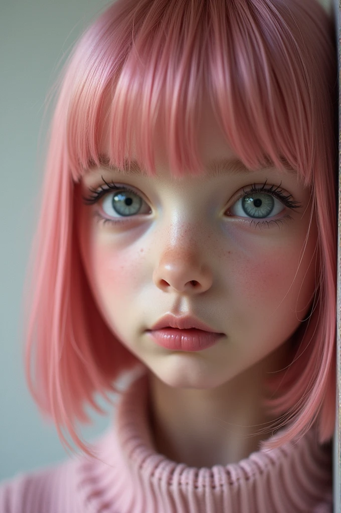 raw photo, Best Quality, masterpiece, photorealistic, 1, Kristina Pimenova,  Alone, face detail, Eye Detail, detailed skin, light gray eyes, pink fur, short straight bob cut, symmetrical eyes, looking at the viewer, 