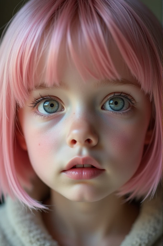raw photo, Best Quality, masterpiece, photorealistic, 1, Kristina Pimenova, Alone, face detail, Eye Detail, detailed skin, light gray eyes, pink fur, short straight bob cut, symmetrical eyes, looking at the viewer,