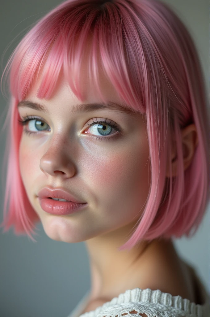 raw photo, Best Quality, masterpiece, photorealistic, 1, Kristina Pimenova,  Alone, face detail, Eye Detail, detailed skin, light gray eyes, pink fur, short straight bob cut, symmetrical eyes, looking at the viewer, 