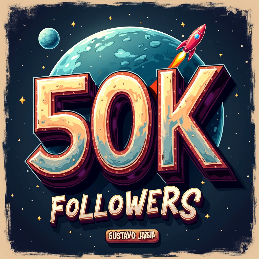 A design poster, (graffiti art, metallic letters, poster saying "50K"). (Another medium tittle "OBRIGADO", "THANK YOU", "GRACIAS"). It features a graffiti art with metallic letters, planet illustration background, rocket. The tittle is in bold, graffiti style typography with a catchy tagline, "Followers". ((small tittle "GUSTAVO YABAI"))