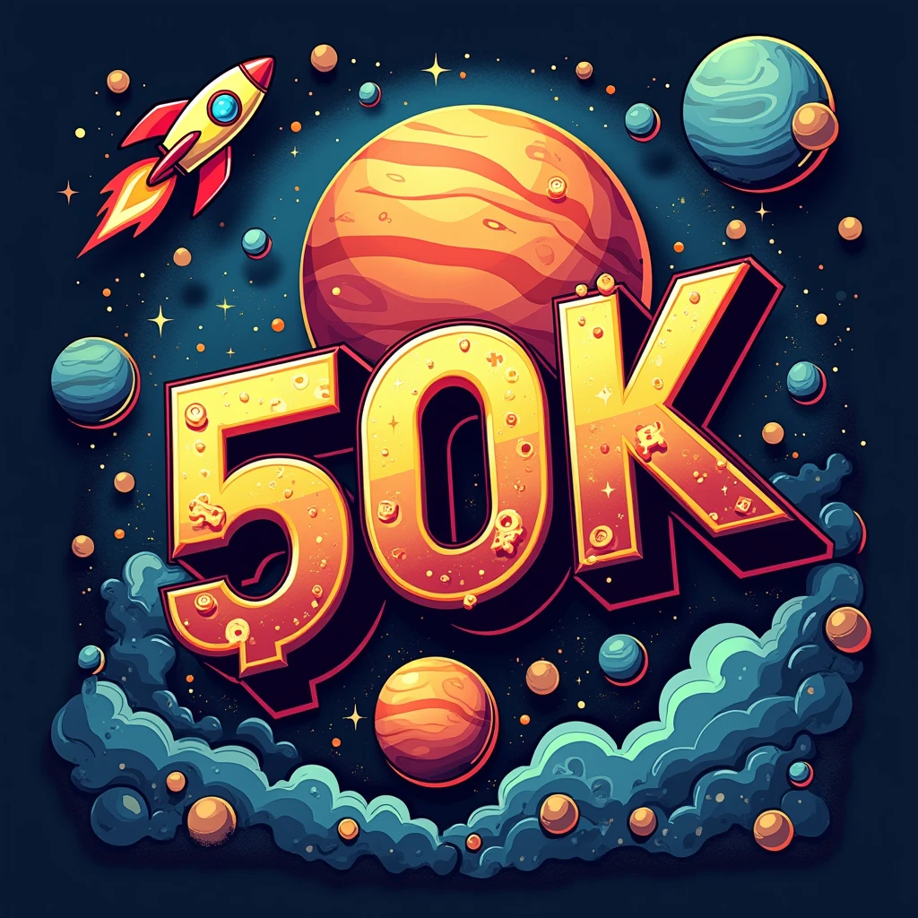 A design poster, (graffiti art, metallic letters, poster saying "50K"). (Another medium tittle "OBRIGADO", "THANK YOU", "GRACIAS"). It features a graffiti art with metallic letters, planet illustration background, rocket. The tittle is in bold, graffiti style typography with a catchy tagline, "Followers". ((small tittle "GUSTAVO YABAI"))