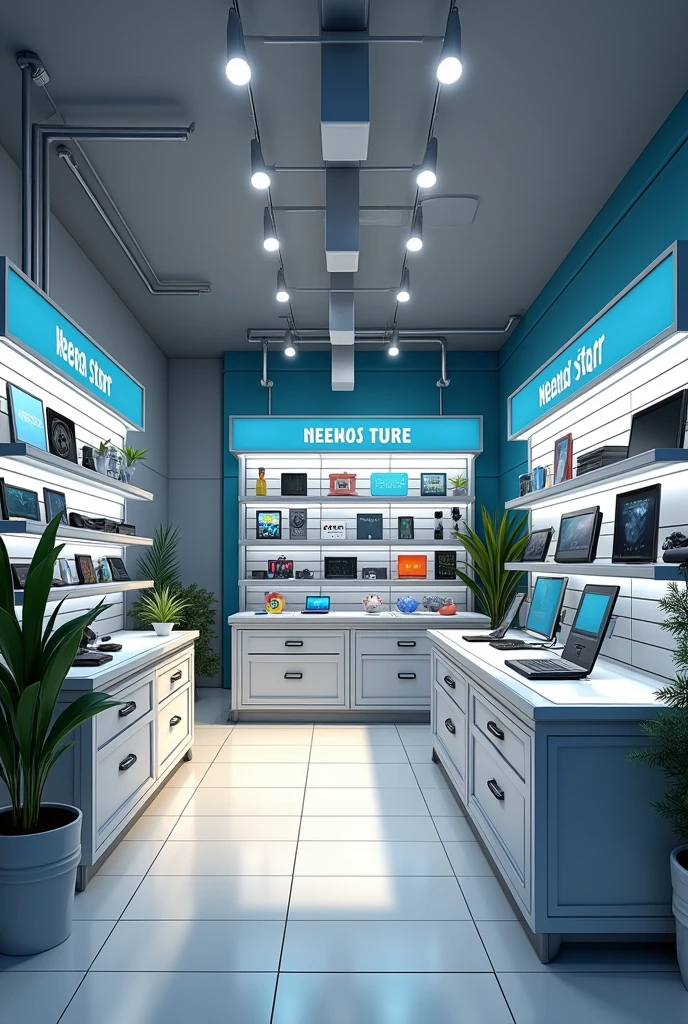 Fait l’intérieur de la boutique électronique avec alimentation. La boutique fait 16*16. Tu sépares le rayon de la boutique et tu mets l’électronique d’un côté et l’alimentation de l’autre côté. Je veux un comptoir de caisse et un bureau de travail du côté de l’électronique. L’intérieur doit être très lumineux et joli. Le nom de la boutique est Neema Store.