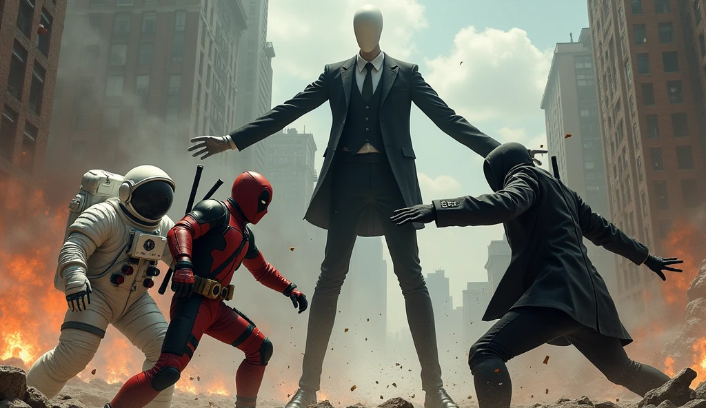 1 Astronaut guy, 1 Deadpool guy and 1 Slenderman with black suit fighting 1 black man together