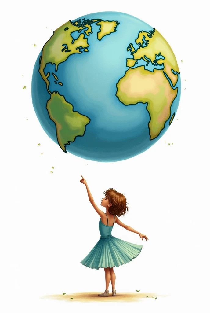 a ballerina pointing to Europe on planet Earth bigger than her big and beautiful and she stands below with her back turned, the most beautiful and biggest planet than her is the planet on a white background, the ballerina has short brown hair that tends towards blonde and has slightly darker skin, I want it to look like a drawing, a cute and cute child's drawing