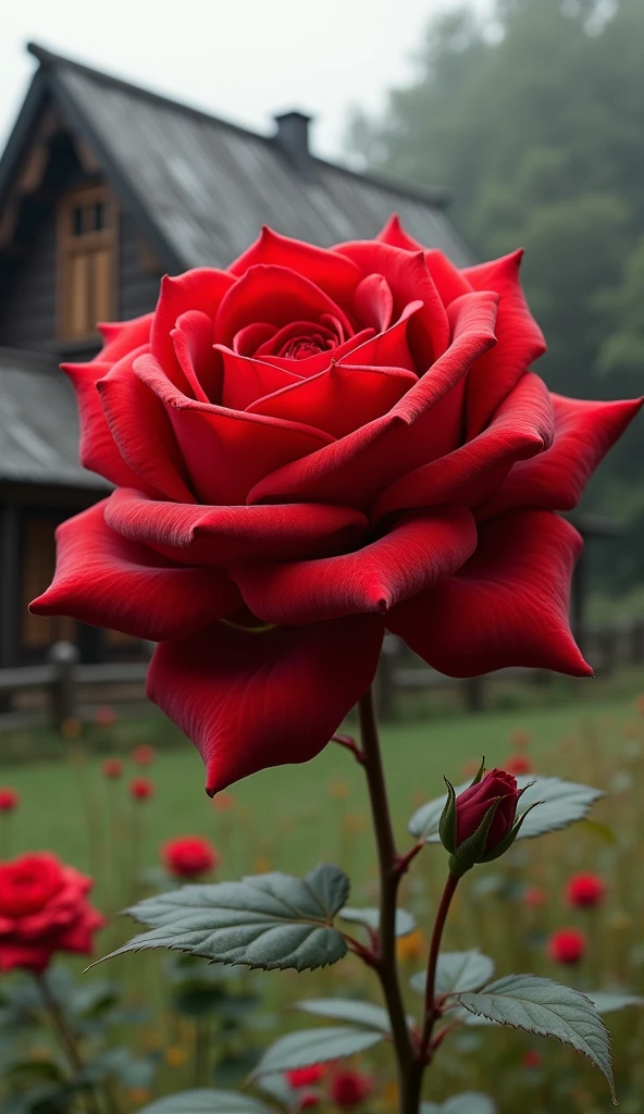 It sounds like you’re describing something specific, but it’s a bit unclear. Are you referring to a particular image, artwork, or concept? Any additional details would help clarify what you mean by "Big red rose petals wooden house gira hua."High Resolution, 