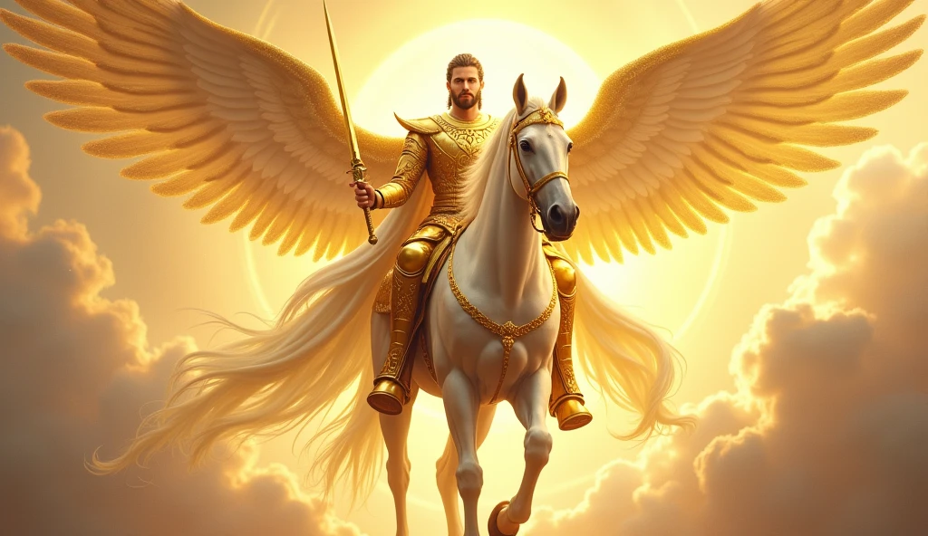 A divine warrior with a radiant golden aura, seated on a majestic white horse, holding a gleaming sword. The warrior is wearing golden armor with intricate designs, flowing robes, and a serene expression on his face. The background is filled with bright light and clouds, giving a heavenly appearance, and the ground beneath the horse seems to shimmer with divine energy.