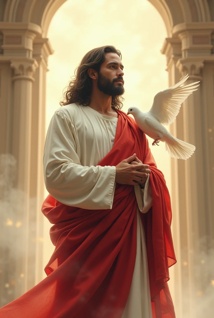 To the artist and singer Chayannr with a white and red robe, like Jesus Christ, I want him to have a white dove on his shoulder, and that José José has a divine aura
