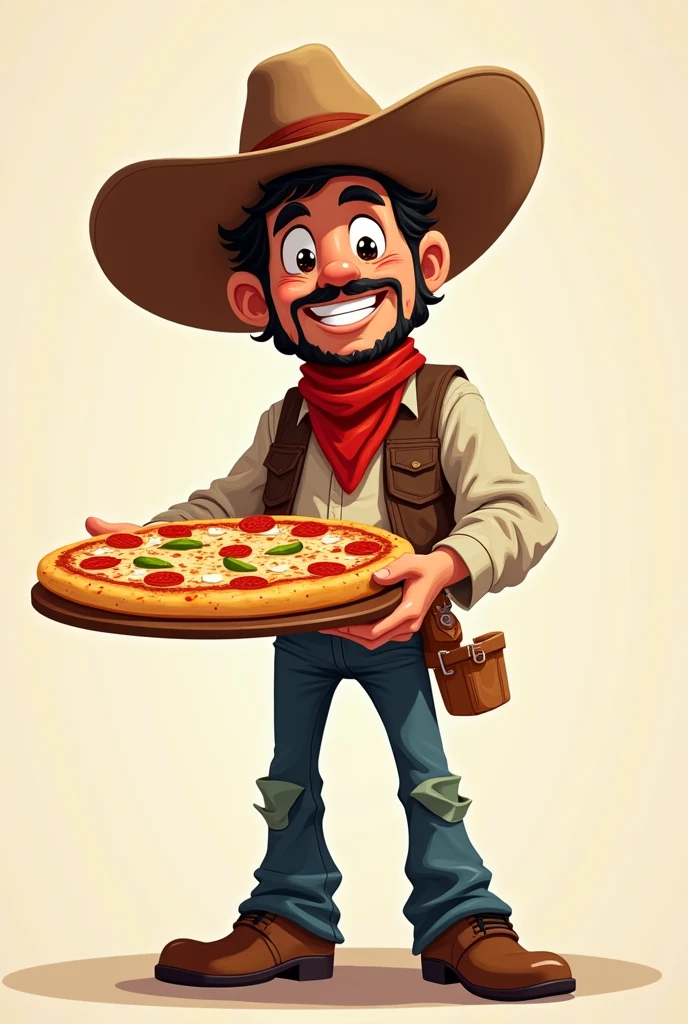 I would like to create an HD illustrated image for a school pizza sales stand, person focusing on pizza like a Chilean cowboy. with a light colored background