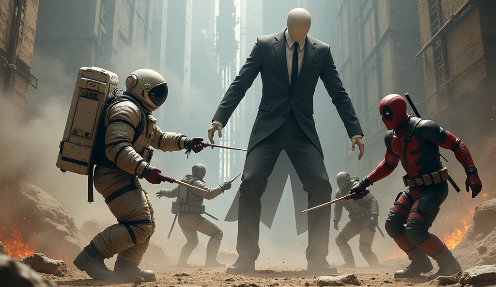 1 Astronaut guy, 1 Deadpool guy and 1 Slenderman with black suit fighting 1 black man together