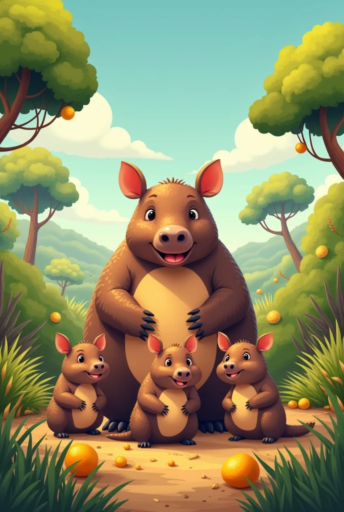 "In a playful and colorful style with touches of magical realism, A giant armadillo (Priodontes maximus) called Tonico, big fit ass, stark, kind and devoted to family, is surrounded by his four cubs: teak, Tito, Tuca and Tico, all smaller and with happy expressions. The vegetation of the surrounding Cerrado is vibrant, with pequi trees (Brazilian Caryocar) loaded with golden fruits on the ground, blooming yellow ipês (Handroanthus serratifolius) Ao fundo, native grasses such as goat&#39;s beard (Andropogon bicornis) and shrubs like murici (Byrsonima crassifolia). The colors are saturated and bright, the characters have charismatic and friendly expressions, with simplified natural details, well-defined contours and smooth textures, creating an atmosphere