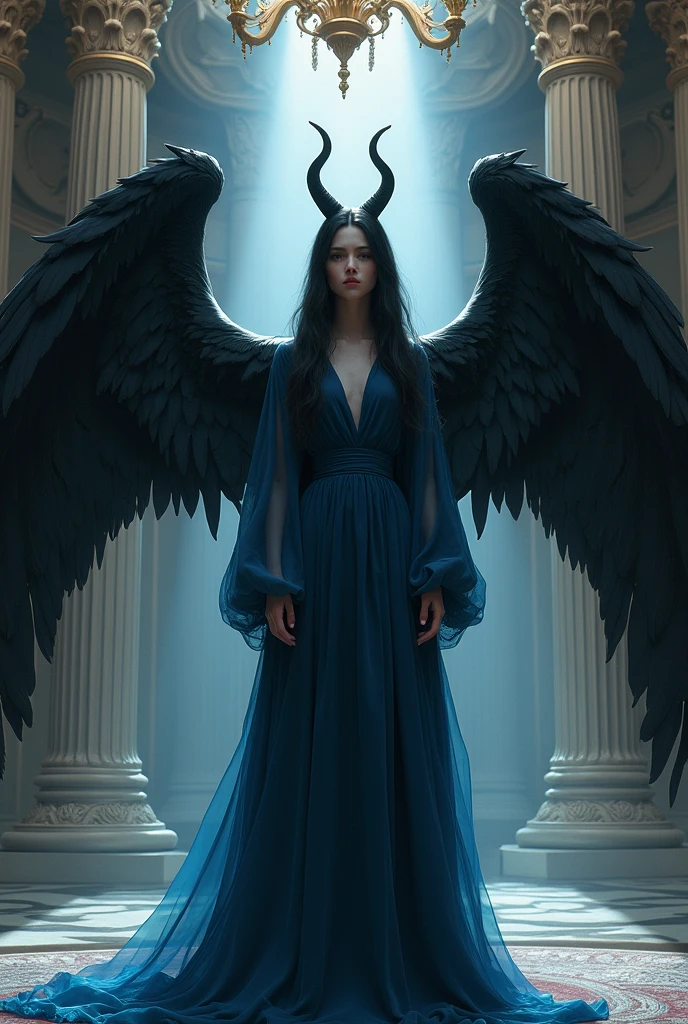 A young woman with long black hair and horns on her head stands in a grand room with ornate columns and a chandelier hanging from the ceiling. She wears a long, flowing blue dress with a high neckline and long sleeves. Large, black wings are spread out behind her, fluffy and made of a shiny material. The scene exudes a dark and mysterious mood, accentuating the enigmatic presence of the woman.